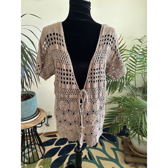 Liz Claiborne Boho Crochet Cardigan/ Cover Up Tie Front Size 1X Hippiechic - Picture 1 of 6